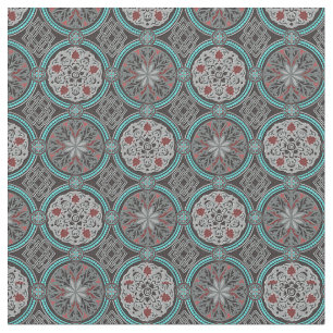 Tissu Brocard rouge, gris et turquoise de style de