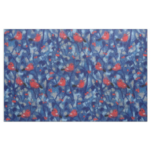Tissu Bullfinies, oiseaux rouges, arbres de la forêt ble