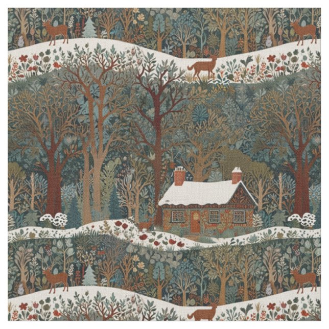 Tissu Cabine rustique dans le paysage boisé enneigé (Fermer)