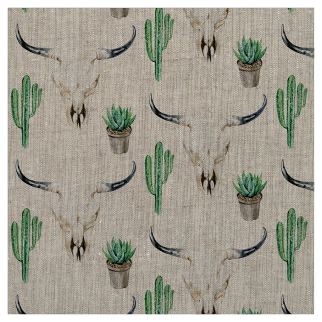 Tissu Cactus de crâne rustique Boho Patterned (Échantillon)