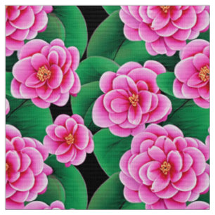 Tissu Camellias rose Fuchsia et Feuilles verts Jade