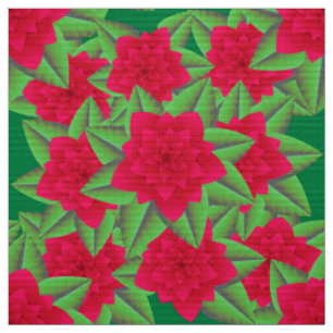 Tissu Camellias rouge foncé et Feuilles verts