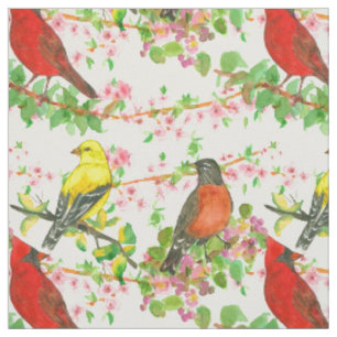 Tissu Cardinal Robins Goldfinch Spring Tree Botanique