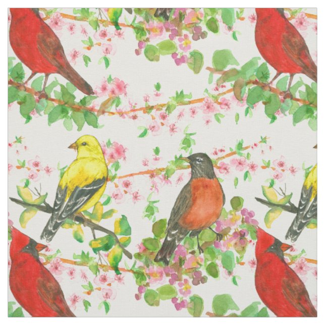 Tissu Cardinal Robins Goldfinch Spring Tree Botanique (Échantillon)