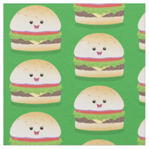 Tissu Caricature de hamburger kawaii joyeux