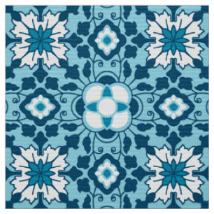 Tissu Carrelage marocain floral, Indigo, bleu ciel et bl