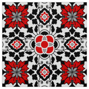 Tissu Carrelage marocain floral, rouge profond, noir et 