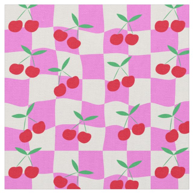 Tissu Cerises à carreaux sur des damiers roses tordus (Fermer)
