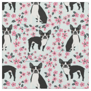 Tissu Cerisiers de Boston Terrier en fleurs bleu clair