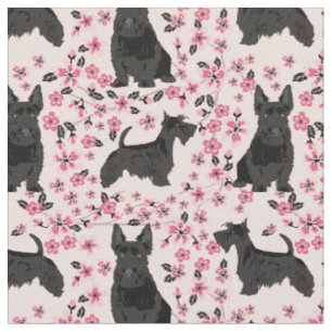 Tissu cerisiers en fleurs de scottie dog floraux roses