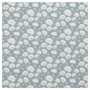 Tissu Champ de pavots blanc sur bleu