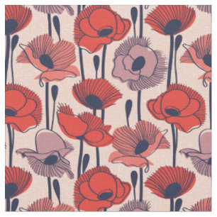 Tissu Champ de pavots // fleur sauvage de contour de lig