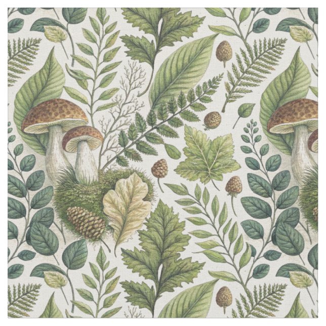 Tissu Champignons des bois Pinecones Ferns Motif d'autom (Fermer)