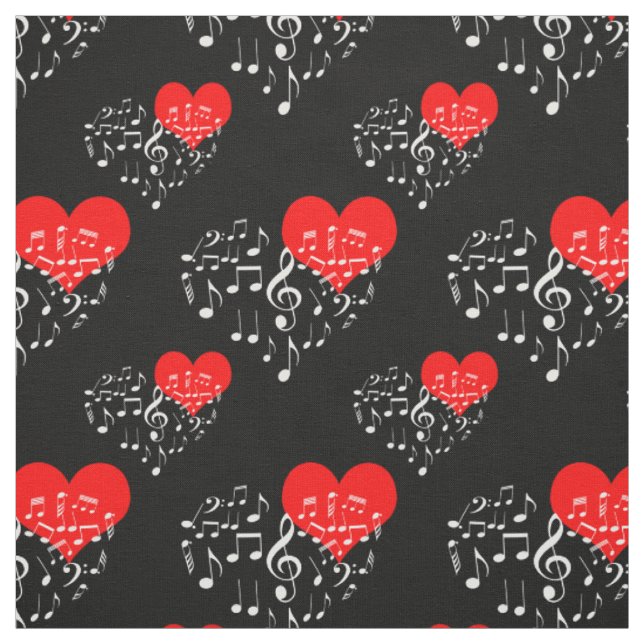 Tissu Chanter Motif de coeur. Notes blanches, fond noir (Échantillon)