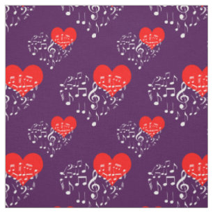 Tissu Chanter Motif de coeur. Notes blanches sur Violet
