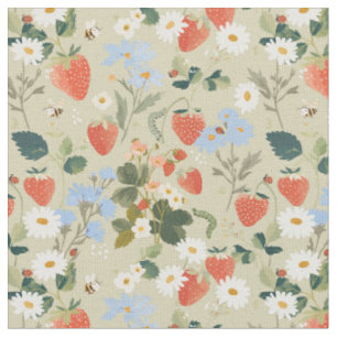 Tissu charme botanique - Jardin vert de fraises automnal