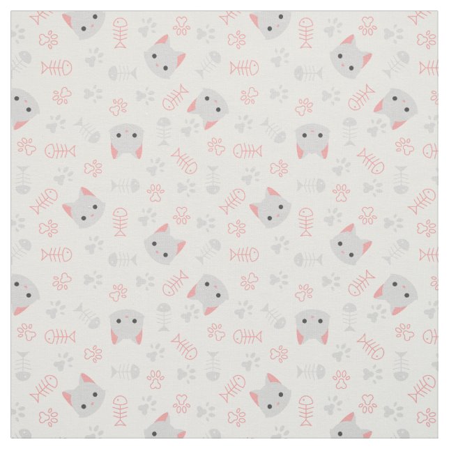 Tissu Chat mignonne et os de poisson (Échantillon)