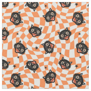 Tissu Chat noir rétro Motif chèque orange