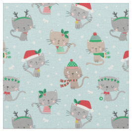 Tissu Chats de Noël mignons en bleu clair