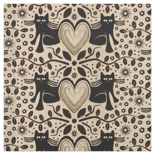 Tissu Chats et Coeurs Boho dans les tons terre (Échantillon)