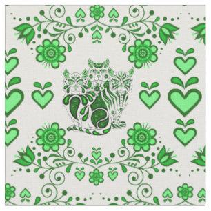 Tissu Chats folkloriques/fleurs/chats cardiaques calico,