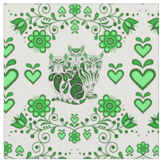 Tissu Chats folkloriques/fleurs/chats cardiaques calico,