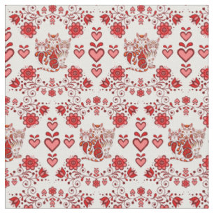 Tissu Chats folkloriques/fleurs/chats cardiaques calico,