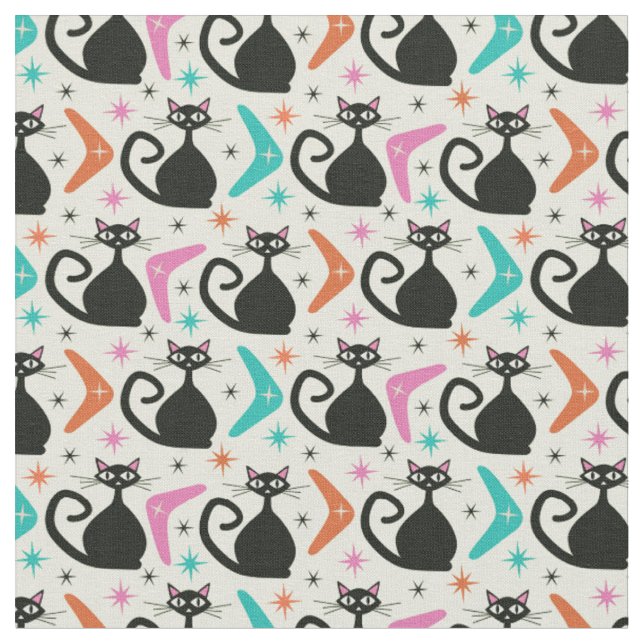 Tissu Chats noirs atomiques de milieu de siècle avec boo (Fermer)