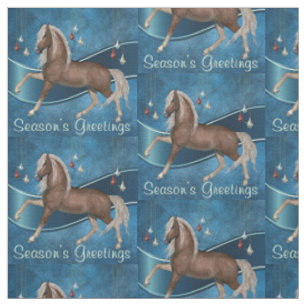 Tissu Cheval en bleu avec Bonnes Fêtes ornementales