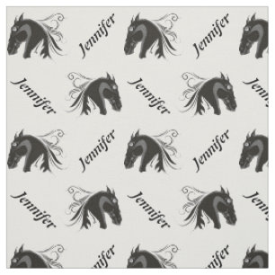 Tissu Cheval noir et blanc tête et nom personnalisé