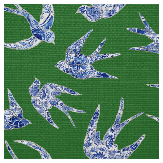 Tissu Chic Chinoiserie Swallow Birds Floral Blue Green (Échantillon)