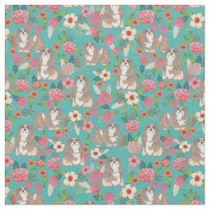 Tissu Chien de Lhassa Apso vintage flores turquoise