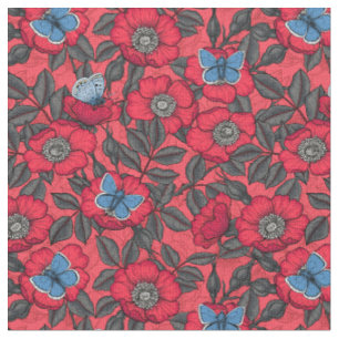 Tissu Chien rose et papillons en rouge et bleu
