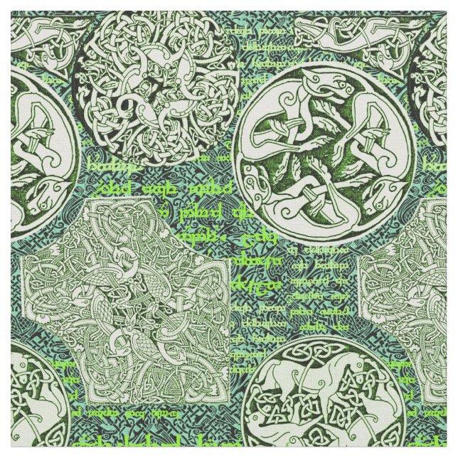 Tissu Chiens et chevaux celtiques en vert (Fermer)