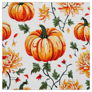 Tissu Citrouilles d'automne et chrysanthèmes