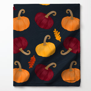 Tissu Citrouilles d'automne et feuilles sur motif bleu