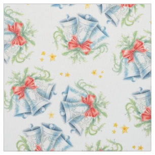 Tissu Clochettes argentées de Noël et rubans rouges en a