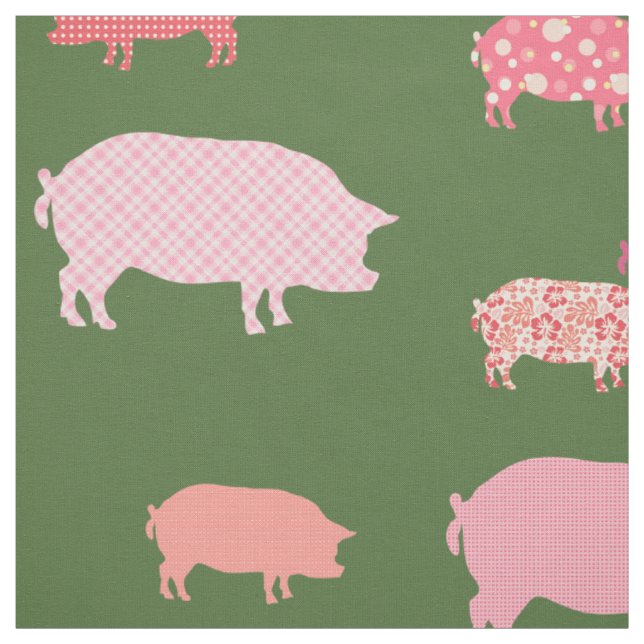 Tissu Cochons roses sur Motif Arrière - plan vert (Échantillon)