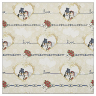 Tissu Coeurs Mariages Pingouins Sur Beige