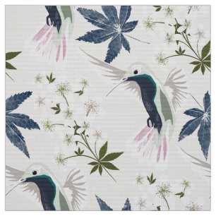 Tissu Colibris et fleurs blanches.