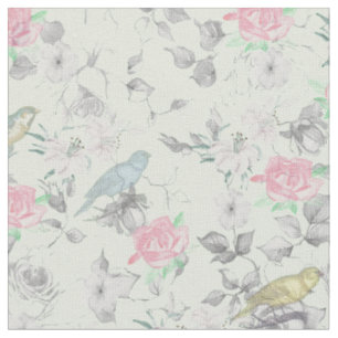Tissu Collage floral d'oiseaux de Monnaie Blanche Vintag