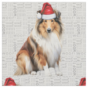 Tissu Collie Dog sur Grey Woof Art Noël