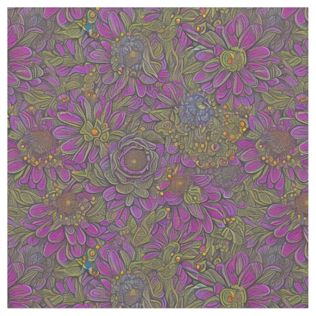 Tissu Conception florale rétro violet et verte (Fermer)