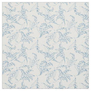 Tissu Contours bleus du muguet sur floral blanc