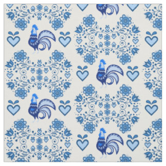 Tissu Coq folk/Cockerel/floral bleu, coeurs 4"