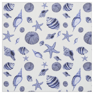 Tissu Coquillages bleus et blancs