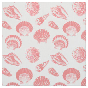 Tissu Coquillages - corail rose et blanc
