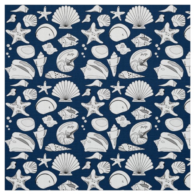 Tissu Coquillages Dessin Blanc Marine Bleu Nautique (Échantillon)