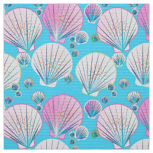 Tissu Coquilles de mer rose et blanche sur la turquoise
