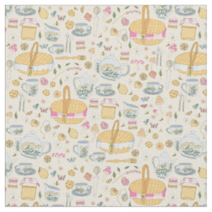 Tissu cottagecore pique-nique thé fête champignons jaune